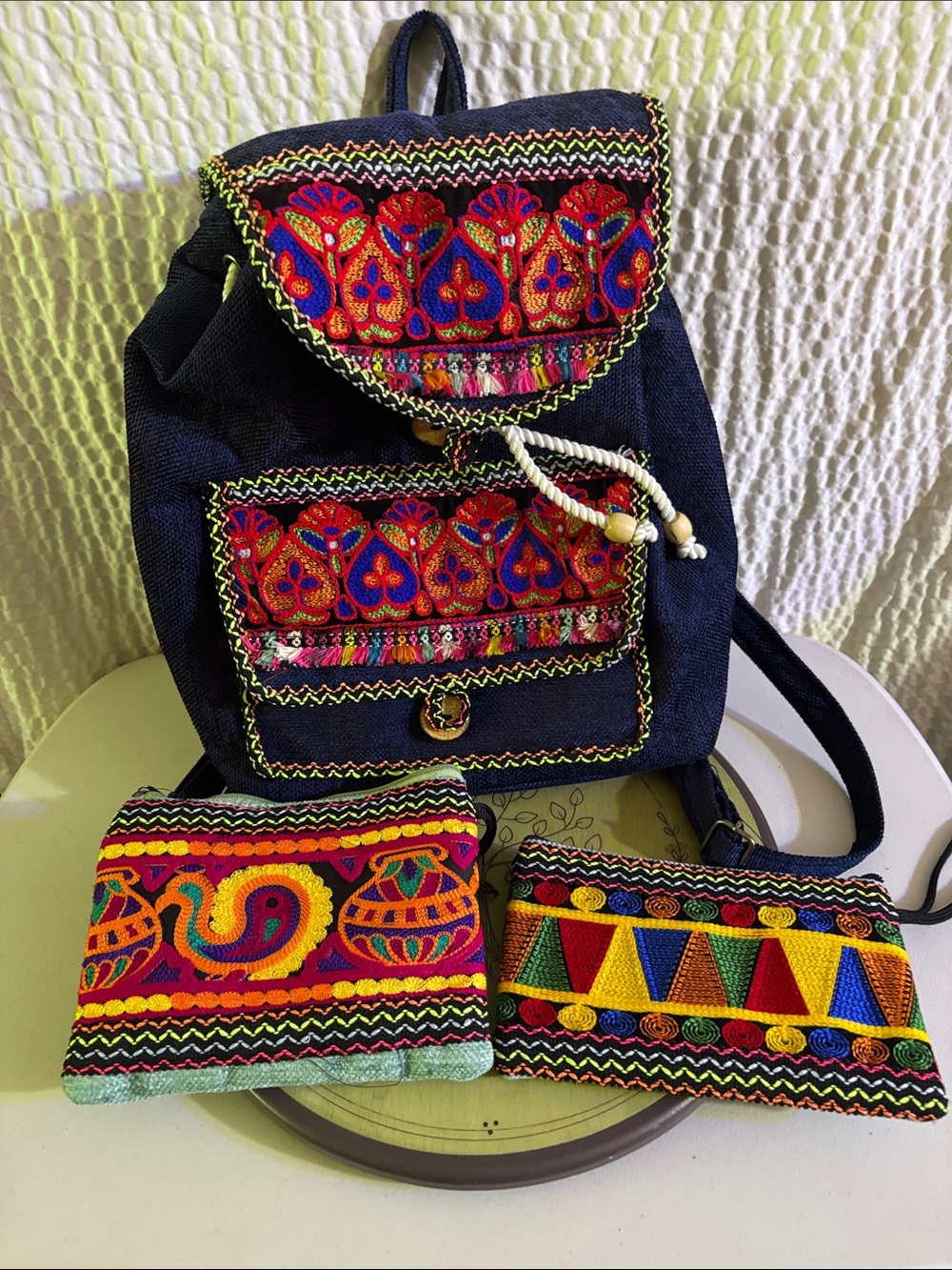 Embroidered Navy Boho Backpack with Colorful Accent Pouches
